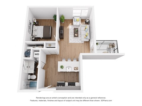 a stylized floor plan with a bedroom and a living room